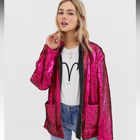 NWT ASOS Jacket Women 14 Preppy Barbiecore Sequins Embellished Zip Pink